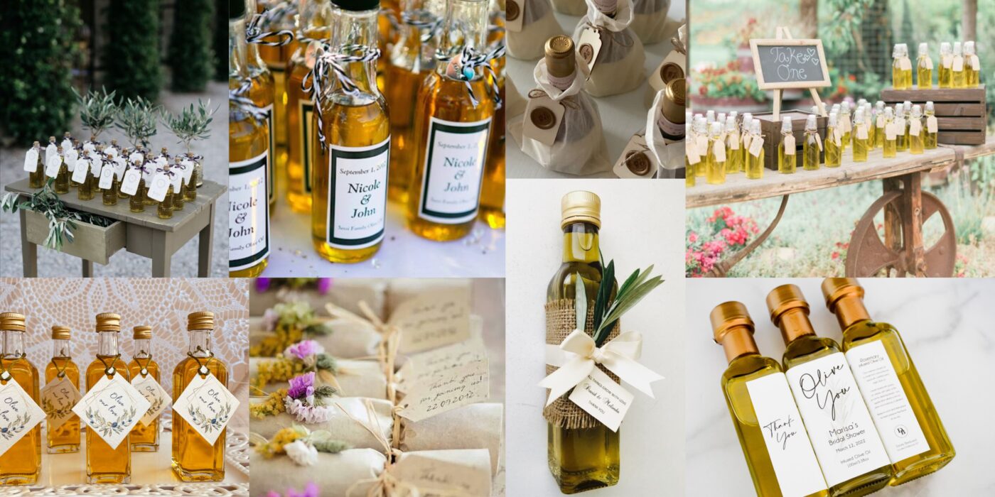 Ideas de presentación de Aceite de Oliva como Regalo de Boda. Collage.
